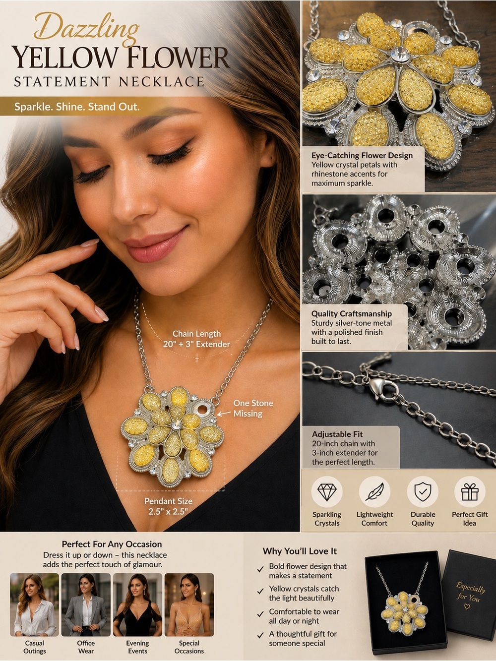 Dazzling Yellow Flower Statement Necklace - Yellow Crystal Pendant